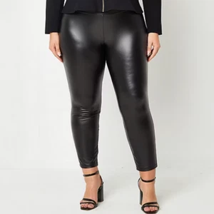 Bold Elements Women's Plus High Rise Full Length Black Faux Leather Leggings, 2X - Picture 1 of 5