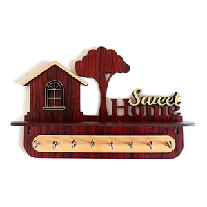 Wooden Key Holder for Wall Decor with Stylish Stainless Steel 8 Hooks - Picture 1 of 4