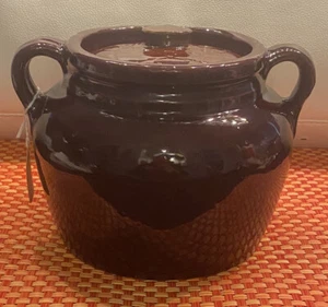 Vintage Brown Glaze Stoneware Crock Bean Pot With Handles and Lid Pottery USA - Picture 1 of 12