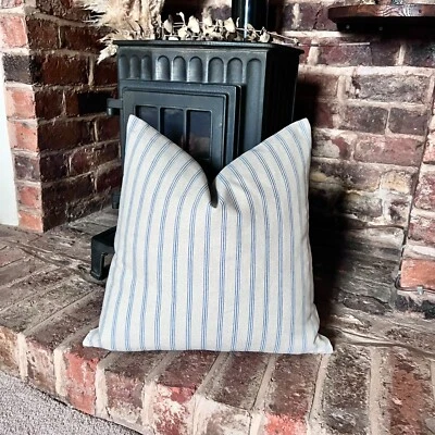 1640. Handmade Blue herringbone stripe LINEN blend Cushion Cover, Various sizes - Image 1 of 4
