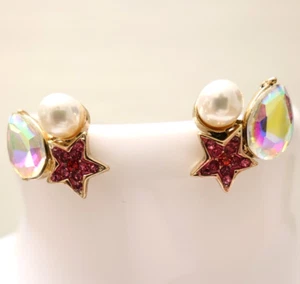 Betsey Johnson earrings Celestial Starlet pink w/ teardrop crystals signed studs - Picture 1 of 6