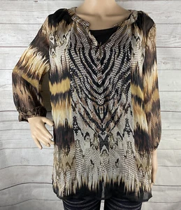 Laura Scott Blouse Large Semi-Sheer Brown Animal Print Zebra Snake Rhinestones - Picture 1 of 12