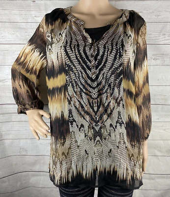 Blusa Laura Scott Grande Semi Transparente Marrón Estampado Animal Cebra Serpiente Estrás Foto 1 de 4