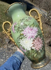 LARGE 15.5" Antique Continental Porcelain Hand Painted Gilt Handled Vase - Picture 1 of 23