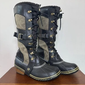 SOREL Black Suede Leather Lace Up Buckle Riding Snow Boots Carly Conquest Tall 8 - Picture 1 of 8