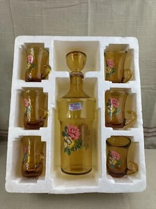Vtg MCM Amber Glass Decanter Set Italian Lubiana Kristall 6 Glasses Italy - Picture 1 of 16
