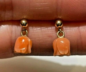 Carved Dangle Peach Coral Tulip Hawaiian Pikake Flower 14k Gold Stud Earrings 5k - Picture 1 of 3