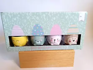 Set of 4 Ceramic Egg Cup Holders IOB Hedgehog Chick Bunny Dog Easter Spring - Picture 1 of 15