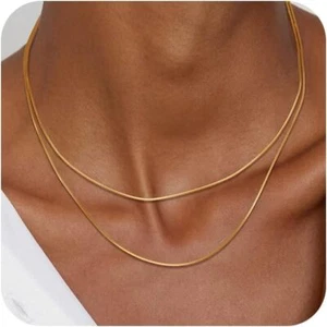 Layered Herringbone Necklace Women 14k Gold Plated Chain Choker ,Simple Jewelry - Picture 1 of 6