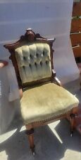 Antique Victorian Chair Wood w/ Light Green Velvet Upolstered w/ Pins 
