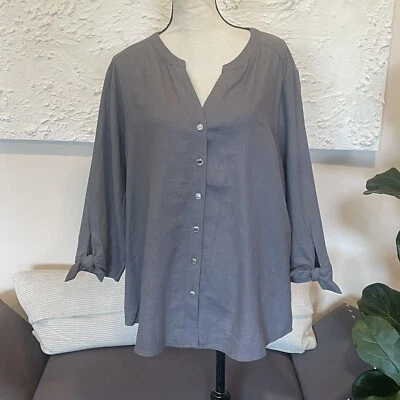 Anne Klein Women's Gray Button Down Blouse 3/4 Sleeve Linen Sz XL NWT $79 - Image 1 of 4