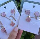 Set Of  Pink Clover Leaves Pendant Necklace And  Earrings. Stainless Steel