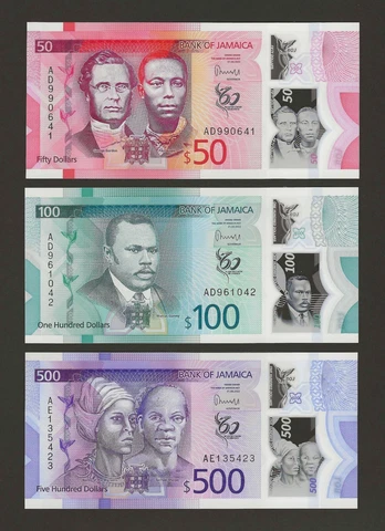 JAMAICA $50 100 500 Dollars 2022, P-96a 97a 98a, Polymer, Pack Fresh UNC Grade Cover