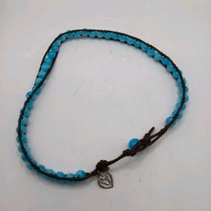 Leather and blue Stone Beaded necklace, - Picture 1 of 6