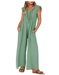 Women's 2024 Summer Loose Jumpsuit Casual V Neck Sleeveless Large Green - Picture 1 of 8