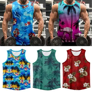 Mens Hawaiian Vest Top Print Hawaii Mesh Net Shirt Gym Muscle Tank Tops Beach * - Picture 1 of 22