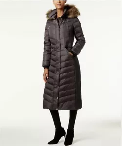 Michael Michael Kors Gunmetal Faux Fur Trim Hooded Down Long Winter Coat Medium - Picture 1 of 24