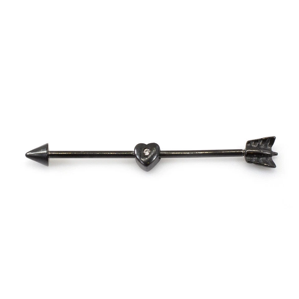 Barbell industrial com design de coração e CZ Gem 14G preto IP - Imagem 1 de 1