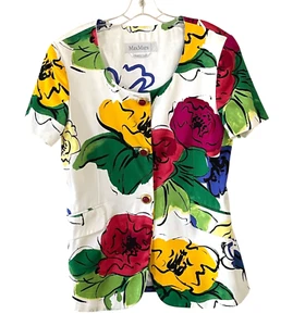 MAX MARA Women's Size US 12 Multicolor Floral Cotton Short Sleeve Blazer Top VTG - Picture 1 of 10