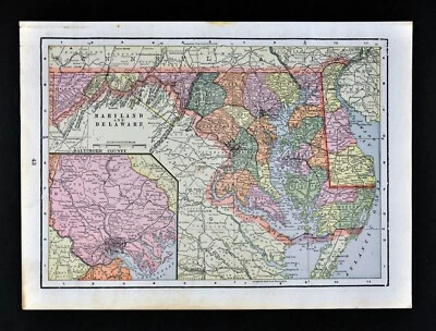 c 1890 Cram Map Maryland Delaware Washington DC Baltimore Alexandria Annapolis Foto 1 de 3