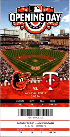 TICKET Baltimore Orioles vs Minnesota Twins April 4 2016 Opening D Trumbo 4 Hits Cover