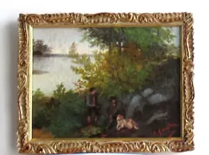 19th ANTIQUE VINTAGE SUPERB BEAUTIFUL FRENCH OIL PAINTING WALKERS AND DOG SIGNED - Picture 1 of 5