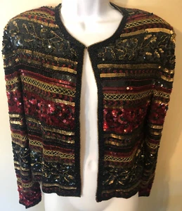 Papell Boutique Evening black/gold/ruby Embroidered Beaded Jacket Sz Medium EUC - Picture 1 of 9