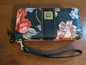 STONE MOUNTAIN Black/Multicolor Floral Print Bonded Leather Wristlet Wallet NWOT - Picture 1 of 11