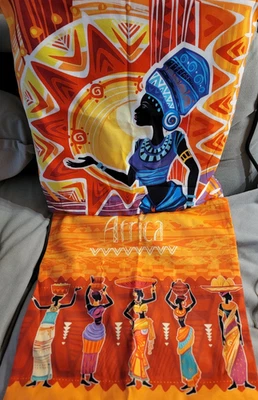 SET of 2 Throw Pillow Covers Native African Women, 17x17 Square  Orange Black - Image 1 of 4