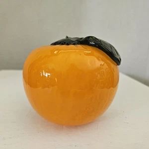 Mundgeblasenes Glas orange Persimone Briefbeschwerer Handarbeit Kunst Obst Dekor Blatt Skulptur - Bild 1 von 7