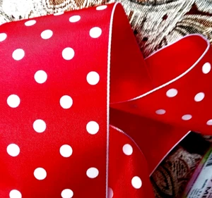 Christmas Red Satin White Polka Dot 2.5" x 5 yd Wired Ribbon Cloth Double Sided - Picture 1 of 8