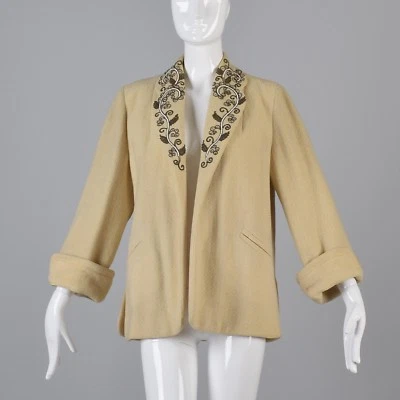 L Vintage 1950s Loose Wool Cream Jacket Beading Rockabilly Swing Sleeve Blazer - Image 1 of 4
