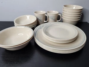28 pc corelle blue lily dinnerware, blue beige floral, plates bowls cups - Picture 1 of 7