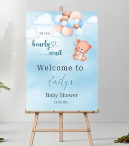 PERSONALISED A3baby shower BALLOON BEAR welcome sign, BANNER , backdrop, - Picture 1 of 2