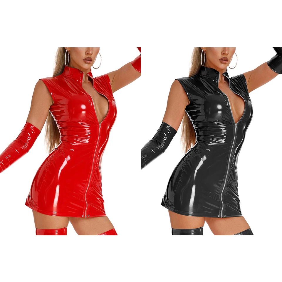 Womens Metallic PVC Leather Bodycon Mini Dress Sleeveless Zipper Nightclub Dress - Image 1 of 1