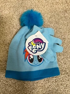 My Little Pony Beanie Hat and Gloves Set Rainbow Dash Blue  Pom Pom NWT - Picture 1 of 4