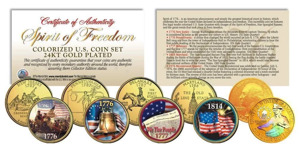 SPIRIT OF 1776 FREEDOM Patriotic Colorized US Quarter 5-Coin Set 24K Gold Gilded - Image 1 of 1