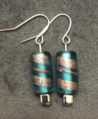 Handmade Blue Glass Bead Bronze Glitter Dangle Style Earrings - Image 1 of 4