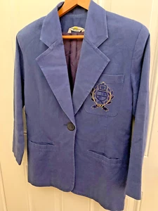 Vintage Ace & Co. Blazer Sz 4 Blue Linen Blend Crest Coat of Arms Preppy - Picture 1 of 12