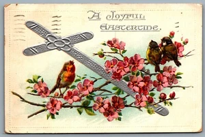 Postcard c1910 A Joyful Eastertide Embossed Tuck Birds Silver Cross Pink Blossom - Picture 1 of 2