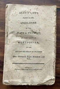 1810 Acts and Laws Passed by the Legislature of the State of Vermont - Picture 1 of 3
