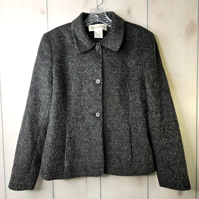 Jones New York 8 Black Silver Metallic Lined Collared Pockets Button Winter Coat - Image 1 of 4