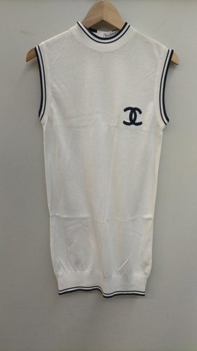 CHANEL BOUTIQUE Autentico gilet donna maglia senza maniche logo CC Mark bianco bottone