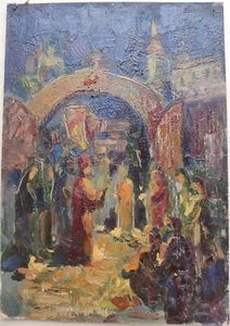 Ukrainian Soviet Oil Painting impressionism realism figures parishioners priest - Picture 1 of 5