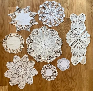 Lot de 8 anciens napperons / écharpe de commode fait main étoile ronde - Photo 1/12