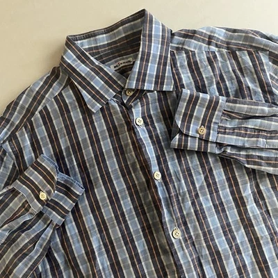 Kiton Linen Blend Dress Shirt Men 17.5 (44) Striped Italy Made Woven Long Sleeve - Image 1 of 4