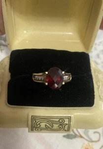 14K Large Garnet & Diamond Band Engagement Wedding Ring Interlocking Vintage 7 - Picture 1 of 19