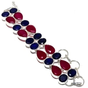 Faceted Ruby, Sapphire Gemstone Handmade Lab Created Bracelet 7-8" - Picture 1 of 2
