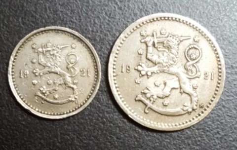 1921 FINLAND 1 MARKKA & 50 PENNIA COINS LOT OF 2  KM 26 27 Cover