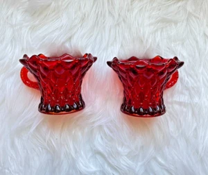 Vintage Rubinrotes Glas Diamantperle mit gestepptem Muster Tasse Set mit 2 Teelichtern - Bild 1 von 7